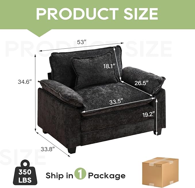 Modular Sectional Sofa, Comfy Cloud Couch Sectional Sofa, Chenille Sofa Sleeper Deep Seat Sofa with Throw Pillows for Living Room (Black, 53"- Single Seat)