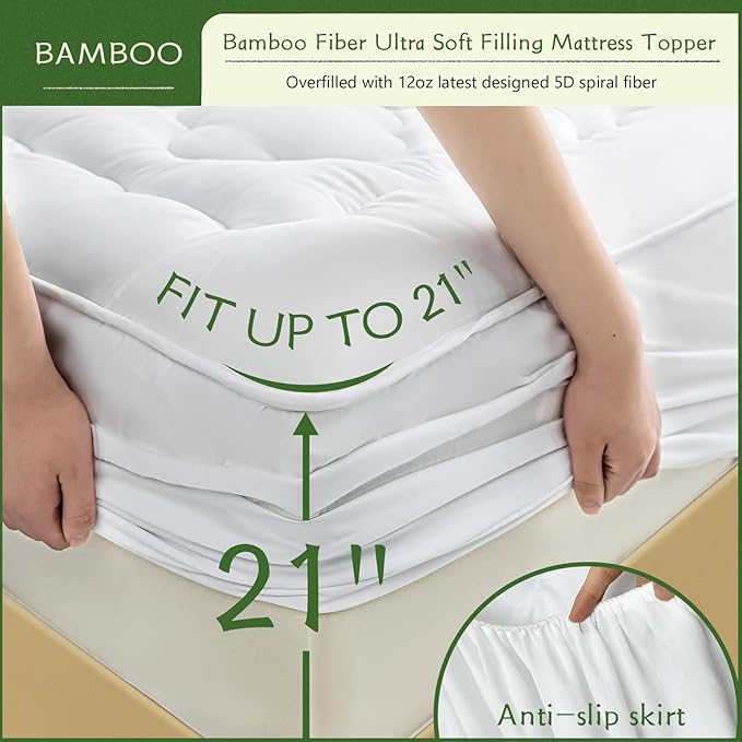 GRT Mattress Pad Cover Rayon from Bamboo Queen Size, Extra Thick Quilted Fitted Mattress Topper with 21 Inches Deep Pocket, Cooling Breathable and Noiseless Mattress Cover