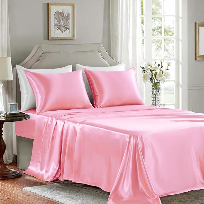 Satin Sheets Full Size - 4 Pieces Luxury Silky Soft Bed Sheets, Wrinkle-Free Light Pink Satin Silk Sheet Set with 1 Deep Pocket Fitted Sheet, 1 Flat Sheet, 2 Pillow Cases