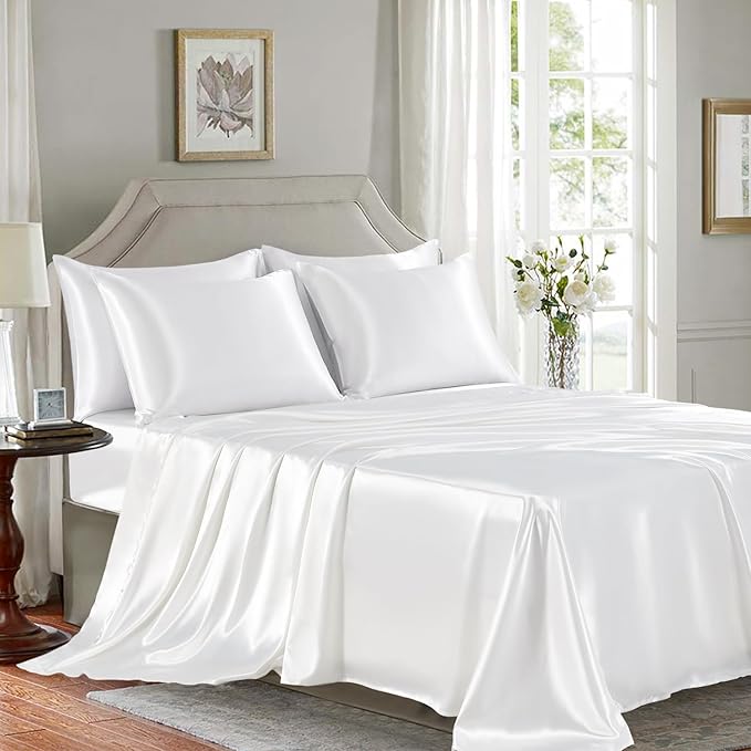 Satin Sheets Queen Size - 6 Pieces Luxury Silky Soft Bed Sheets, Wrinkle-Free White Satin Silk Sheet Set with 1 Deep Pocket Fitted Sheet, 1 Flat Sheet, 4 Pillow Cases