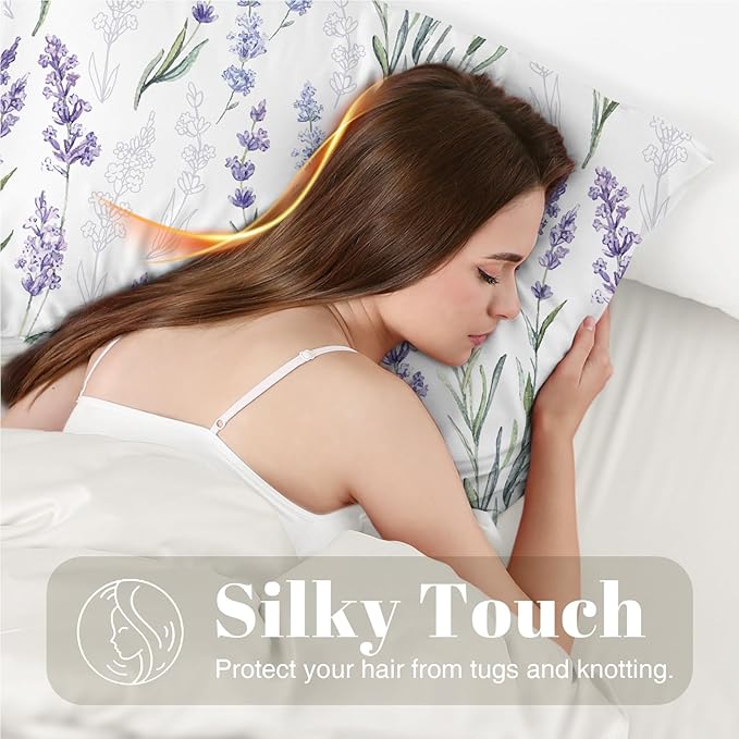 EXQ Home Satin Pillowcase for Hair and Skin Body- Flower Printed Lavender Silk Pillowcase 20x54 inches - Body Pillow Cases with Envelope Closure, Gifts for Women