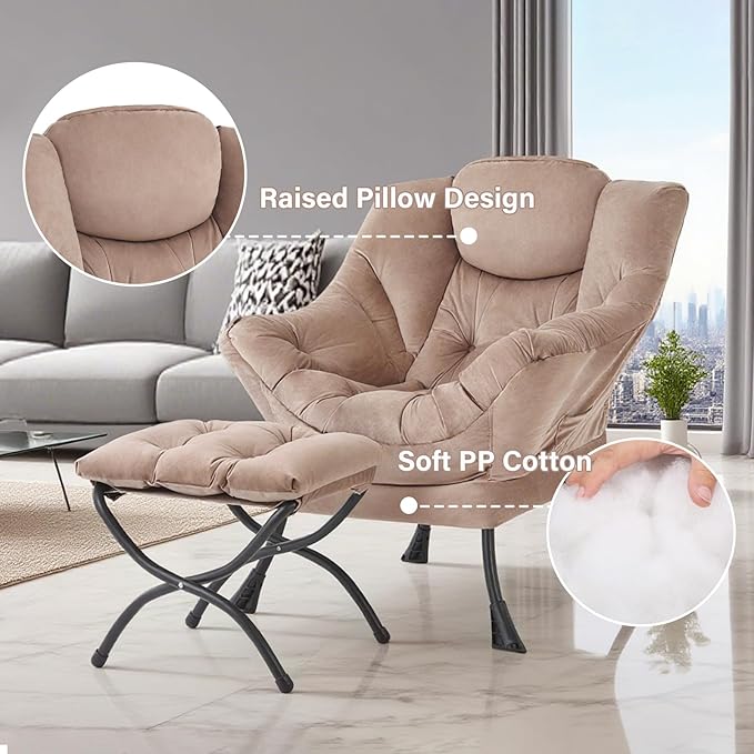 Tiita Lazy Chair with Ottoman, Modern Large Accent Lounge Armchair, Comfy Leisure Sofa Reading Chair with Footrest for Bedroom, Living Room, Dorm Rooms, Garden and Courtyard, Velvet Khaki