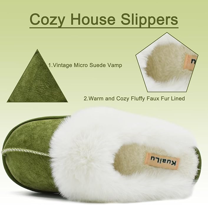 KuaiLu Womens Fluff Dual Memory Foam Slippers Ladies Cozy Arch Support Warm Scuff Slippers Slip on Comfy Winter House Shoes with Non-Slip Indoor Outdoor Hard Sole
