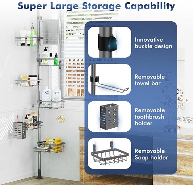 Corner Shower Caddy Tension Pole,30-120 Inch Adjustable Shower Organizer, 6-Tier Shower Shelves with Towel Rack/Toothbrush Holder/Soap Dish, Bathroom Corner Storage Rust-Resistant