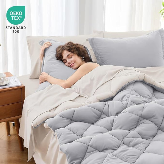 MUXHOMO 5 Pieces Twin Comforter Set, Reversible Bed in a Bag Twin Size, All Season Bedding Set with Comforter, Flat Sheet, Fitted Sheet, Pillowcases & Shams, Light Grey & Beige