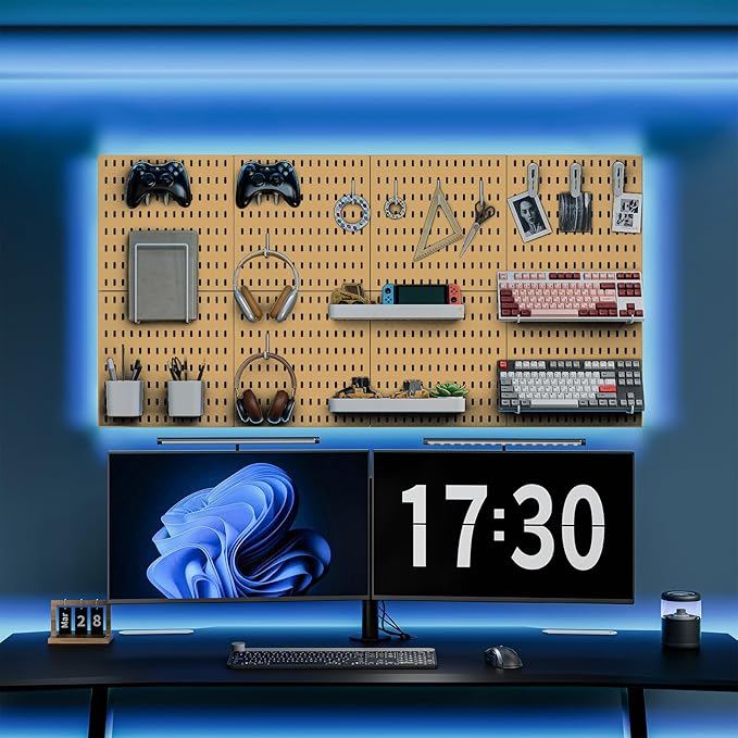 Pegboard Combination Kit, Wall Mounted Storage Set with 4 Pegboards & 14 Accessories Hanging, Yellow Peg Boards Organizer for Walls Display, Crafts Organization, Kitchen Organizer, 22" x 22"
