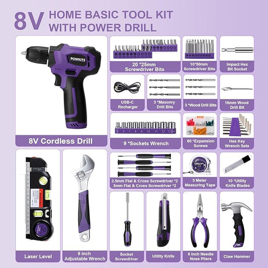 Tool Kit: 139 PCS Cordless Drill Set with Li-Ion Battery, 8V Power Drill with Type-C Charging, Portable Basic Home Tool Set for DIY Projects (Purple-A)