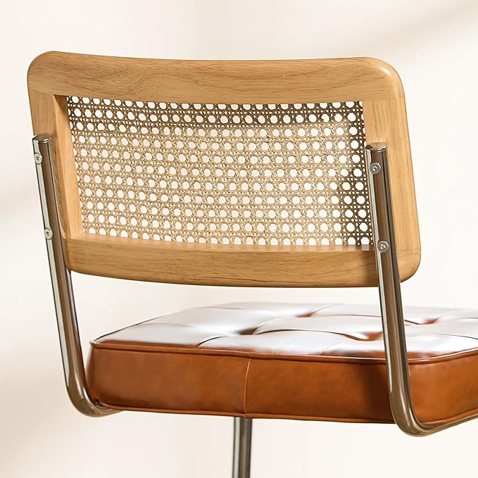 Natural Rattan Bar Stools Set of 2 with Solid Wood Back, 24 Inch Mid Century Modern Counter Height Stools, Brown Faux Leather Upholstery Boho Stool for Kitchen Counter with Chrome Metal Legs