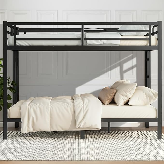 Queen Over Queen Bunk Bed, Metal Bunk Bed Frame Heavy Duty Bunk Beds Loft Bed Frame with Ladder and Guardrail Metal Slats No Box Spring Required for Adults Teens,Black