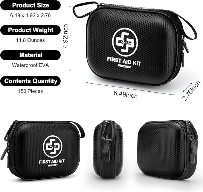 Mini First Aid Kit - 150 Piece Small Waterproof Hard Shell Medical Kit for Home, Car, Travel, Camping, Truck, Hiking, Sports, Office, Vehicle & Outdoor Emergencies (Black)