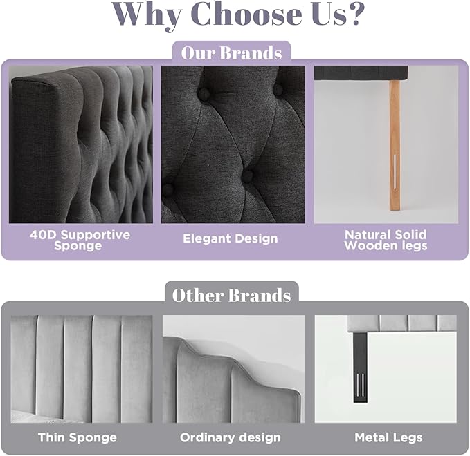 Kingfun Tufted Upholstered Queen Size Bed Headboard in Modern Button Design, Adjustable Solid Wood Head Board, Premium Linen Fabric Padded Headboards in Bedroom (Dark Grey)