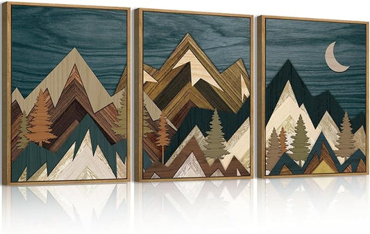 BINCUE Boho Mountain Wall Art Framed Landscape Wall Decor Modern Nature Artwork for Bedroom Living Room Office 12" Lx16 W Set of 3
