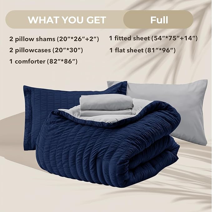 HYMOKEGE Navy Blue/Light Grey Full Size Comforter Sets Seersucker 7 Pieces, All Season Luxury Bed in a Bag for Bedroom, Bedding Set with Comforter, Sheets, Pillowcases & Shams