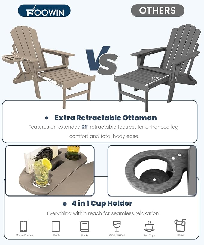 FOOWIN Folding Adjustable Adirondack Chair with Retractable Ottoman, HDPE Adirondack Chair w/4 in 1 Cup Holder Trays,All-Weather Resistant Fire Pit Chair for Outdoor Patio Lawn, Brown