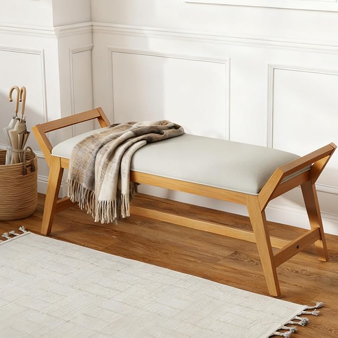 51" End of Bed Bench, Entryway Bench with Solid Wood Frame Fabric Upholstered Ottoman Bench for Entry/Bedroom/Hallway/Living Room,Chenille White