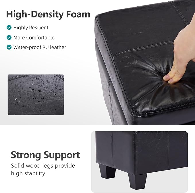 Faux Leather Storage Ottoman Bench with Hinged Lid,42 Inch Large Rectangular Footrest Stool for Bedroom End of Bed, Entryway and Living Room, Padded Seat Shoe Bench, Black