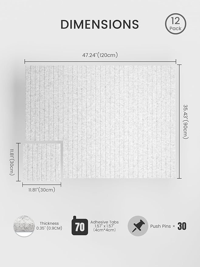 Bumusty Large Cork Board Alternative-47 x35 Felt Bulletin Board Tiles, with 30 Pushpins, 70 Adhesive Tabs, 12-Pack Slat Wall Paneling, Cork Boards for Office Push Pin Board Felt Board-Marble Gray