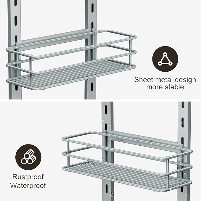 Orimade Adjustable Anti-slip Shower Caddy Overhead, Rustproof Hanging Shower Organizer With 2 Razor Hooks - No Drilling, 3-Tier Shelves, Silver Grey