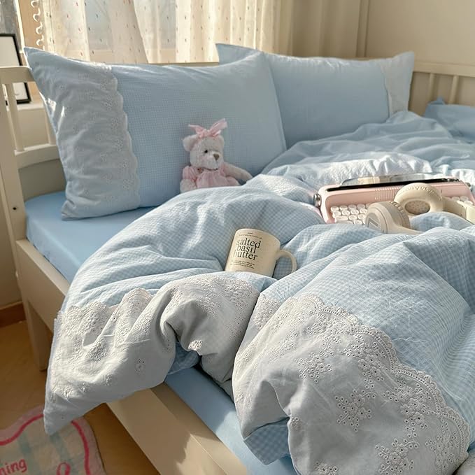 mixinni Blue Gingham Duvet Cover Full Size - 3 Piece Cottagecore Plaid Bedding Set with Lace Trim, Soft Washed Microfiber Vintage Aesthetic Grid Comforter Cover & Pillow Shams, (Blue White Gingham)
