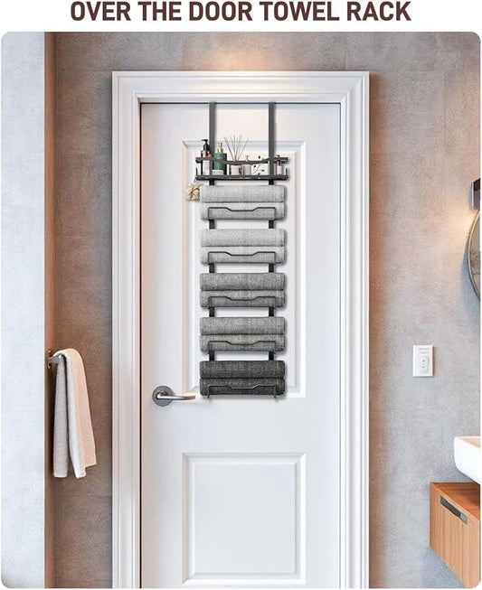 Hanging Towel Racks for Bathroom No Drill - 6-Tier Over The Door Bath Towel Storage Organizer for Small Bathrooms - Tiered Back of Door Towel Holder Hanger for Rolled Towels RV Camper Black