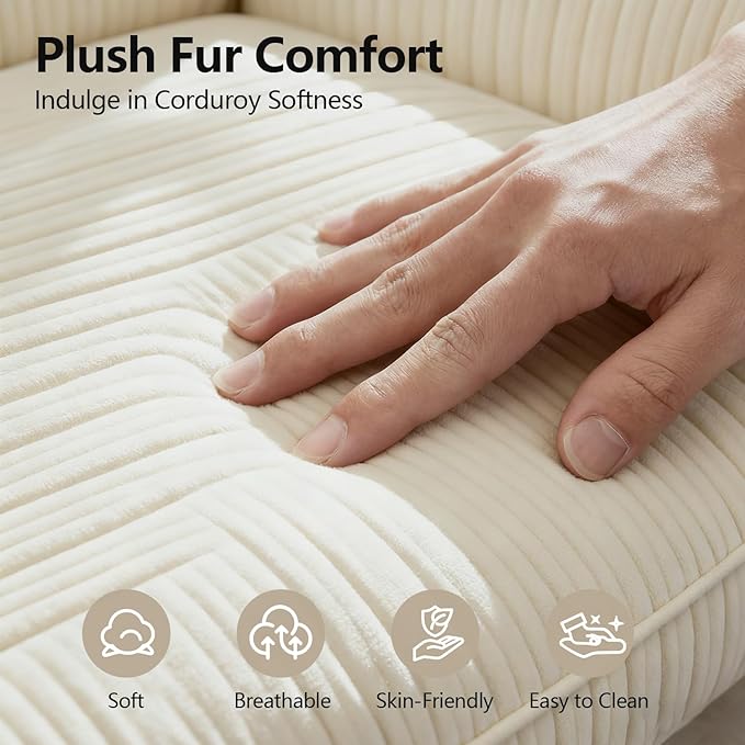 67" Oversized Chaise Lounge Chair Indoor, Soft Boneless Cloud Couch with 3 Pillows, 4 Side Pockets and 2 Cup Holders, Comfy Corduroy Sleeper Couch for Living Room Bedroom, Beige
