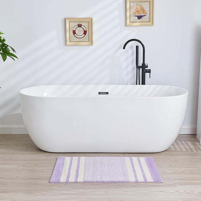 CozeCube Bath mats for Bathroom Non Slip, Fluffy Absorbent Microfiber Bath mat Washable, Aesthetic Bathroom Rugs, Small Purple Striped Bath mat, Lavender, 24" x 16"