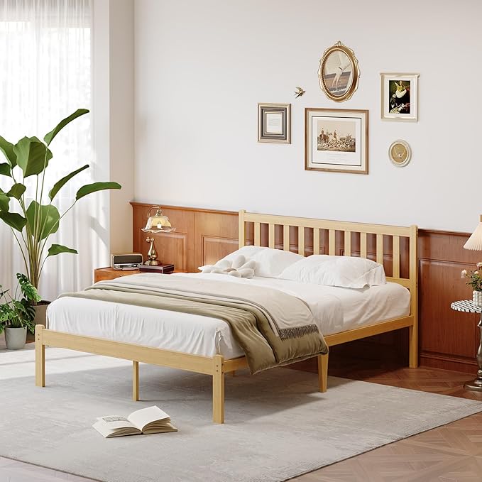 14 in High Solid Bamboo Wood Full Bed Frame with Headboard, Platform Full Size Bed Frame, Heavy Duty, No Box Spring Needed, Nosie Free