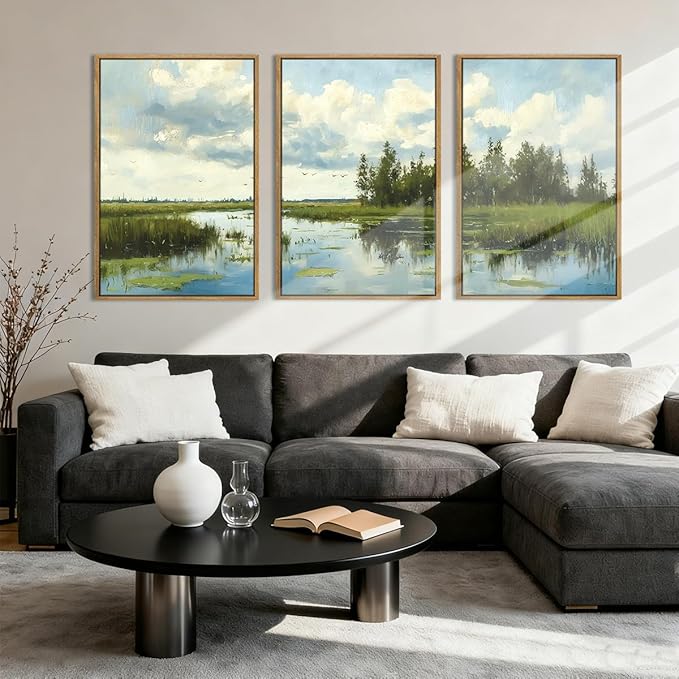 BINCUE Framed Green Nature Wall Art Lake Scenery Wall Decor Landscape Art Print for Living Room Bedroom Office 16 x24 Inches Set of 3