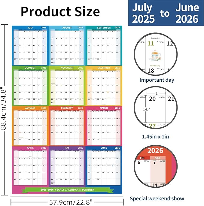 2026 Wall Calendar 34.8" x 22.8" Large Vertical Yearly 2025-2026 Wall Hanging Calenda with Julian Date from July 2025 to June 2026 Thick Paper Calendar 12 Month Annual Planner for Office Fridge(Colorful)