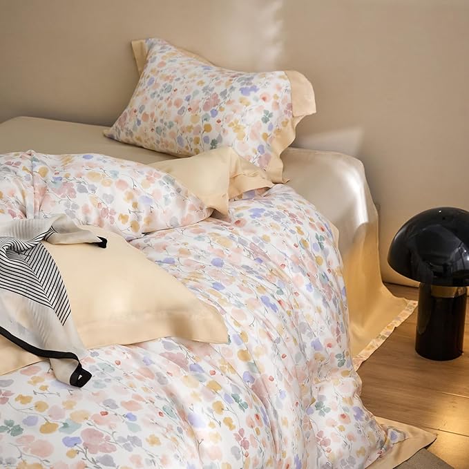 mixinni Shabby Chic Breathable Lyocell Duvet Cover Set Soft Aesthetic Colorful Painting Flowers Cooling Bedding for Hot Sleepers with 2 Pillow Shams, Zipper Closure and 4 Ties, Twin XL Size