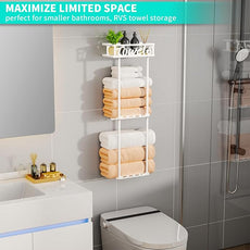 HapiRm Towel Rack Bathroom Storage - 3 Tier Over The Door & Wall Mounted Rolled Towel Racks Holder Organizer with Metal Shelf and 6 Hooks for Small Bathroom, Camper, Rv - White
