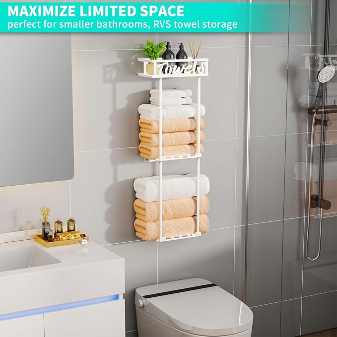 HapiRm Towel Rack Bathroom Storage - 3 Tier Over The Door & Wall Mounted Rolled Towel Racks Holder Organizer with Metal Shelf and 6 Hooks for Small Bathroom, Camper, Rv - White