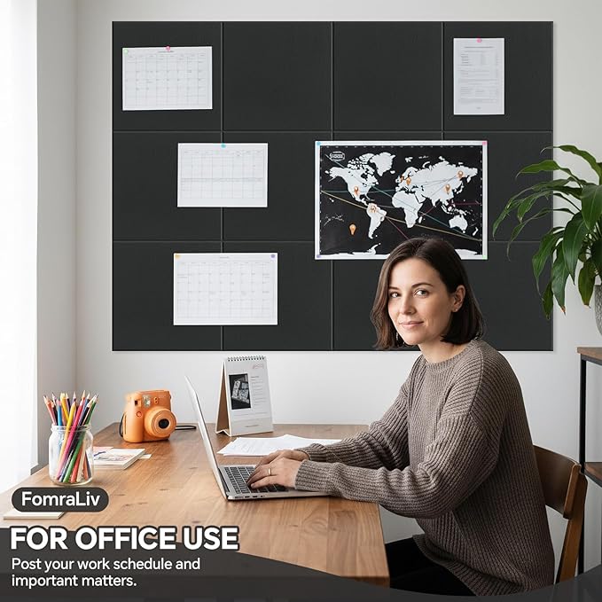 Felt Bulletin Board 48 x 36 Inches - 12 Pack Black Felt Wall Panels for Office Storage, pin Boards for Walls Office Decor Wall Organizing Rack (Black)