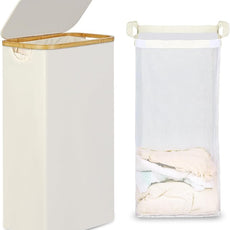 efluky Slim Laundry Basket with Lid, Narrow Laundry Hamper with Removable Bag, Skinny Dirty Clothes Basket with Bamboo Handles for Bathroom, Bedroom & Laundry Room, 75L Beige