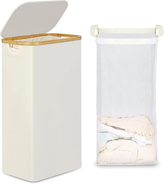 efluky Slim Laundry Basket with Lid, Narrow Laundry Hamper with Removable Bag, Skinny Dirty Clothes Basket with Bamboo Handles for Bathroom, Bedroom & Laundry Room, 75L Beige