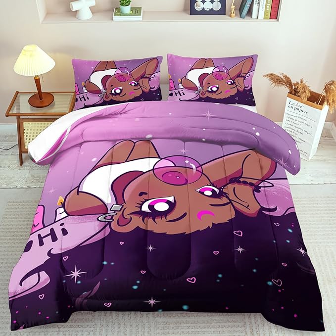 Black Girl Comforter Set Full Cute Bedding Set College Dorm Girl Cartoon Teen Black and Pink Comforter Full Kawaii Room Decor Cartoon Bedding Quilt Decor Kids