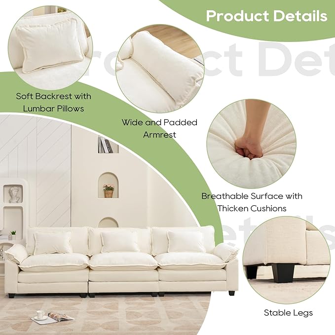 120" Modular Sectional Sofa, Comfy Cloud Couch Sectional Sofa, Chenille Sofa Sleeper Deep Seat Sofa with Throw Pillows for Living Room (Beige White, 120"- 3 Seater)