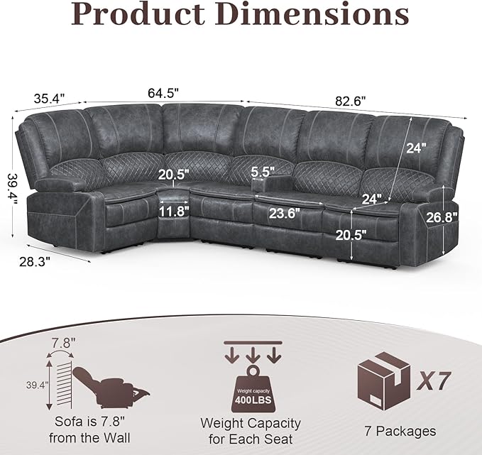 Manual Reclining Sectional Sofa Set, 5 Seats 1+1+3 Dutch Velvet Reclining Corner Sectional Couch, Family-Sized L-Shaped Recliner Couch with USB Charging, Thickened Padding, Sturdy Frame, Grey