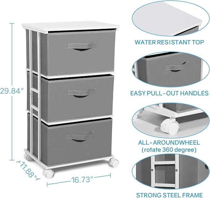 MAX Houser Dresser Tower with 3 Drawers,Fabric Dresser Drawer Organizer Unit,Dresser Chest with Wood Top,Vertical Storage Dresser,Small Dresser for Bedroom,Office-Dark Grey