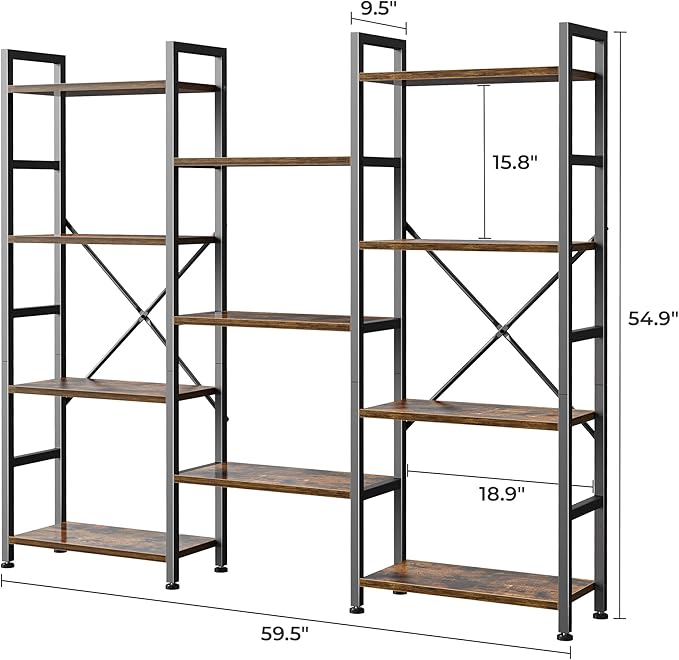 SUPERJARE Triple 4 Tier Bookshelf, Bookcase with 11 Open Display Shelves, Wide Book Shelf Book Case for Home & Office, Rustic Brown