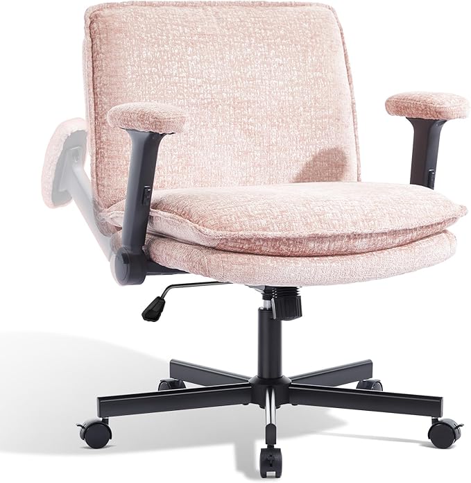Criss Cross Chair with Flip-Up Arms and Lockable Wheels, Plush Fabric Cross Legged Office Desk Chair,Wider 125°Tilting Adjustable Swivel Computer Chair for Home, Apartment, Bedroom,Pink