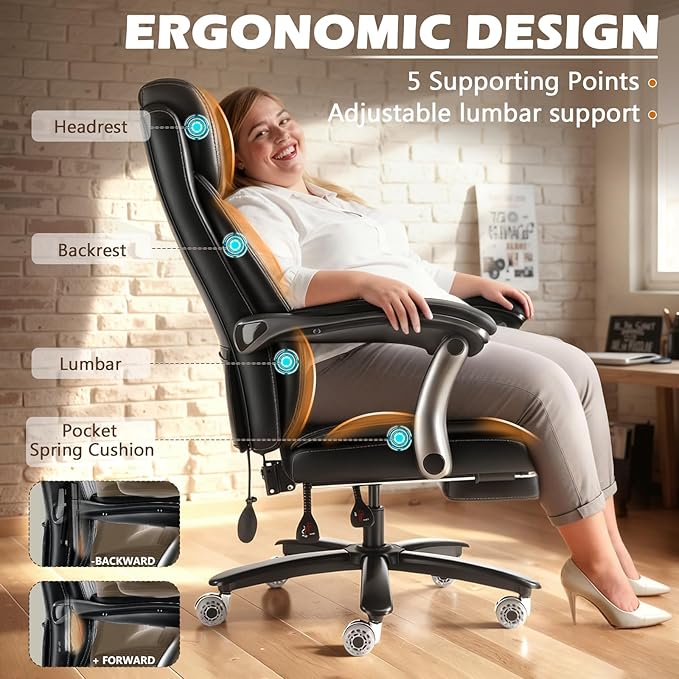 600LBS Large Heavy Duty Office Chair with Foot Rest,Reclining Big and Tall Office Chair with Pocket Spring Cushion, Comfy High Back with Adjustable Lumbar Support,Dual Rubber Wheel