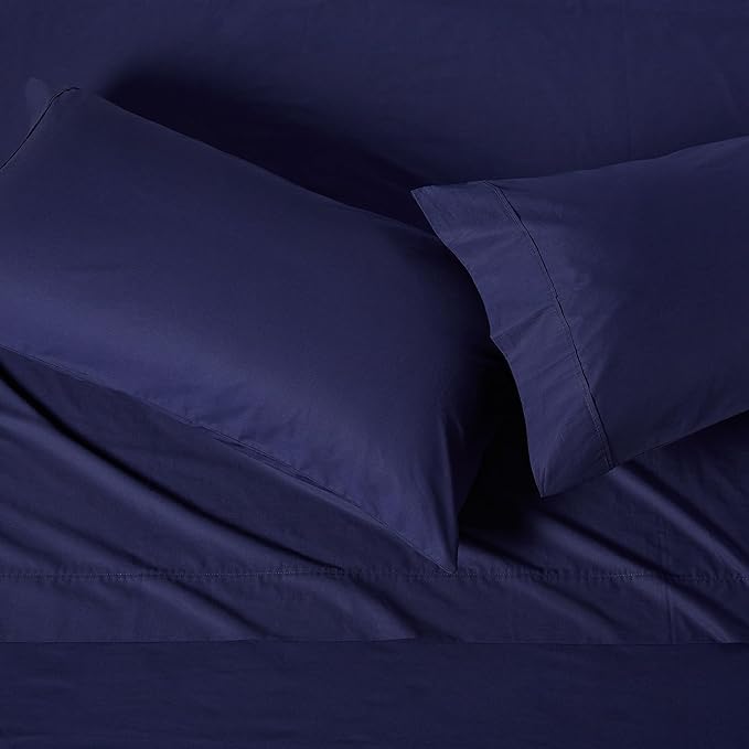 Amazon Basics Organic Cotton Sheet Set with 2-Pieces Pillowcase, Navy Blue, Queen