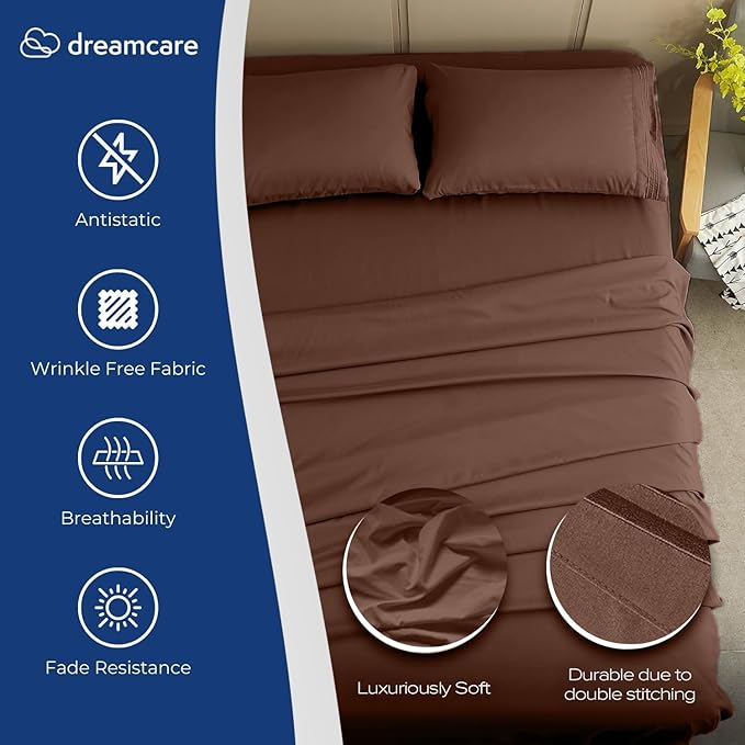 DREAMCARE Full Size Sheets Set - 4 Pcs Cooling Bed Sheets with Up to 15" Deep Pockets - Soft, Long-Lasting 100% Brushed Polyester with Side Pocket (Mocha Brown) DREAMCARE