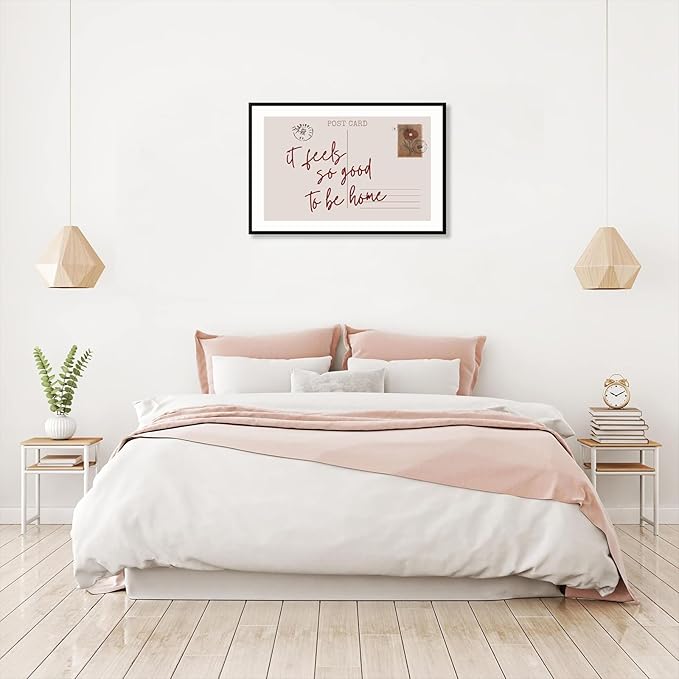 Retro Postcard Poster Neutral Feels So Good To Be Home Wall Art Trendy Pink Girly Room Decor Funky Quotes Canvas Prints Modern Stamp Sign Aesthetic for Dorm Apartment Bedroom 20x30in Metal Black Frame
