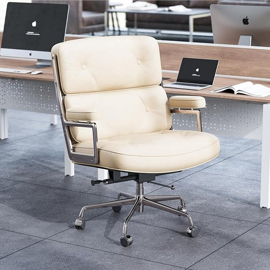 Home Office Chair with Top Grain Leather, Padded Armrests, Mid-Back Upholstered Executive Leather Desk Chair, Aluminum Frame, Adjustable Height, 360 Swivel, Rolling Wheels, 350lbs Capacity