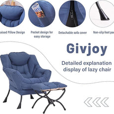 Lazy Chair and Ottoman, Large Accent Lounge Chair with Armrests and a Side Pocket, Modern Leisure Upholstered Sofa Reading Armchair with Footrest for Bedroom, Living Room, Dorm Rooms, Office