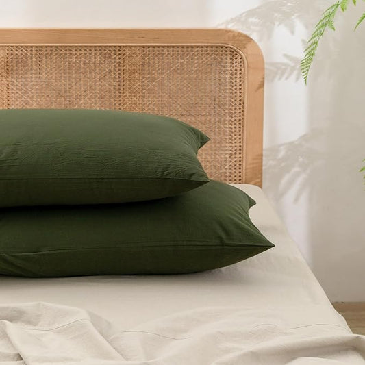 BESTOUCH 100% Washed Cotton Pillowcase for Hair and Skin Linen Feel Soft Comfortable Breathable 2 Set Pillow Case with Envelope Closure Solid Olive Green King 20x36 Inches