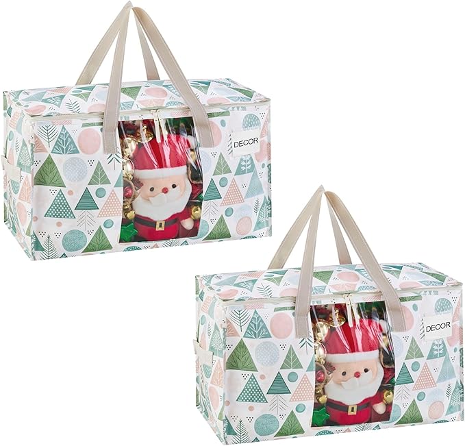 VENO 2 Pack Moving Bags, Large Christmas Storage Bins with lids, Packing Supplies for College, Alternative to Moving Boxes, Foldable, Heavy-Duty Tote, Christmas Pattern (Pastel Forest, 2 Pack)