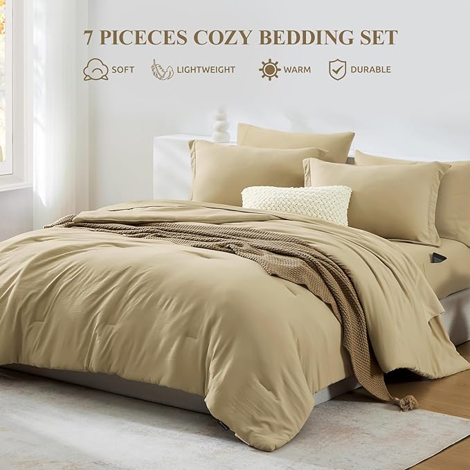 WRENSONGE Queen Comforter Set- 7 Pieces Soft Taupe Bed in a Bag Queen Size with Fitted Sheet, Flat Sheet, 2 Pillow Shams, and 2 Pillowcases- Khaki Bedding Sets for All Season